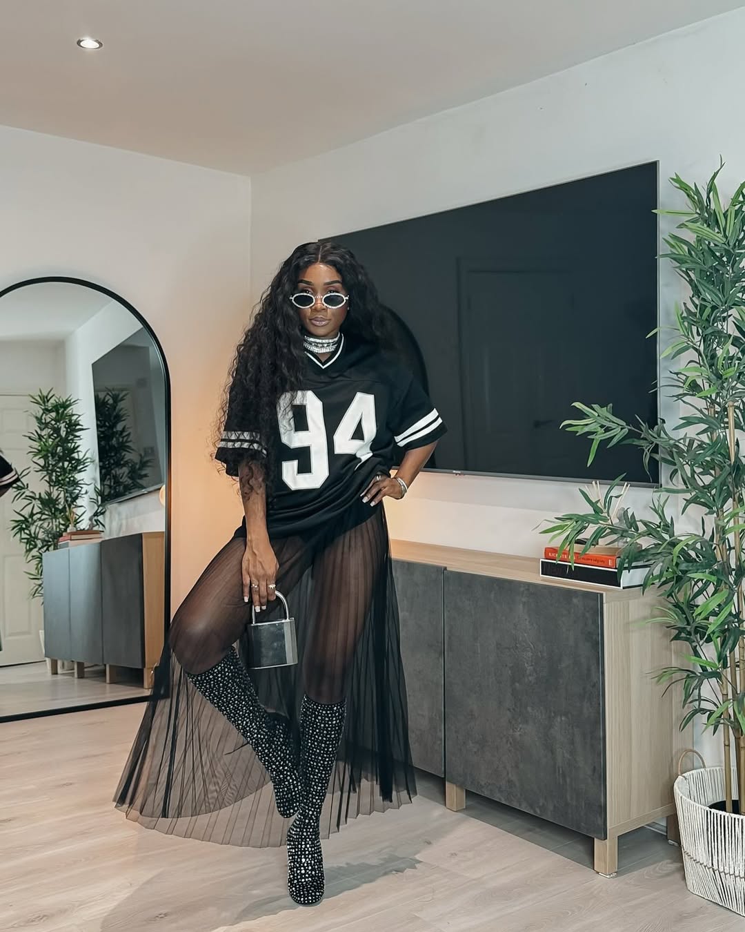 Football Jersey Dress Over Sheer Maxi Skirt with Knee-High Boots Football Jersey Dress Over Sheer Maxi Skirt with Knee-High Boots — Classy Y2K Outfits 2000s