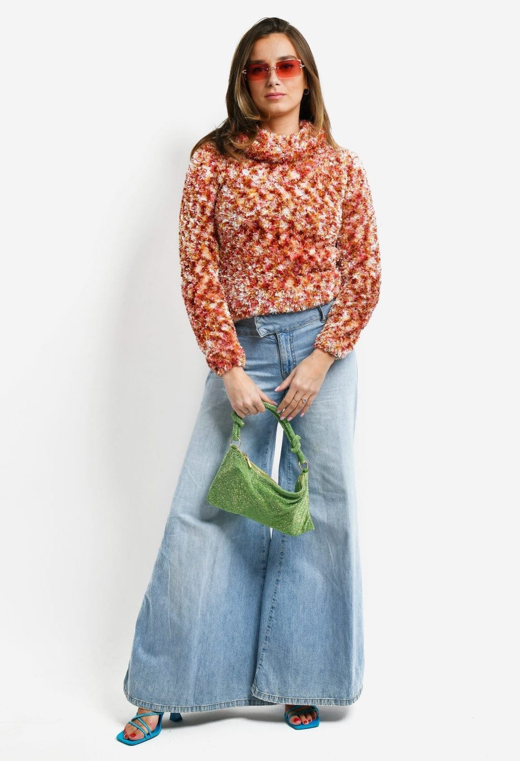 Fuzzy Multi-Colored Turtleneck Sweater with Wide Leg Jeans Fuzzy Multi-Colored Turtleneck Sweater with Wide Leg Jeans — Classy Y2K Outfits 2000s