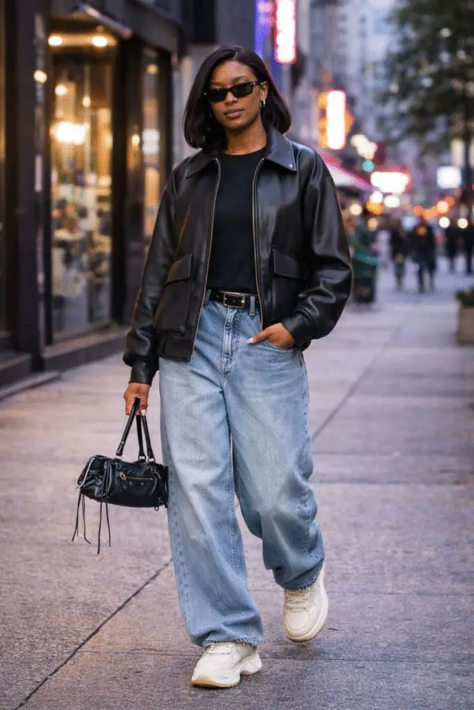 Leather Bomber Jacket with Baggy Jeans Leather Bomber Jacket with Baggy Jeans — Classy Y2K Outfits