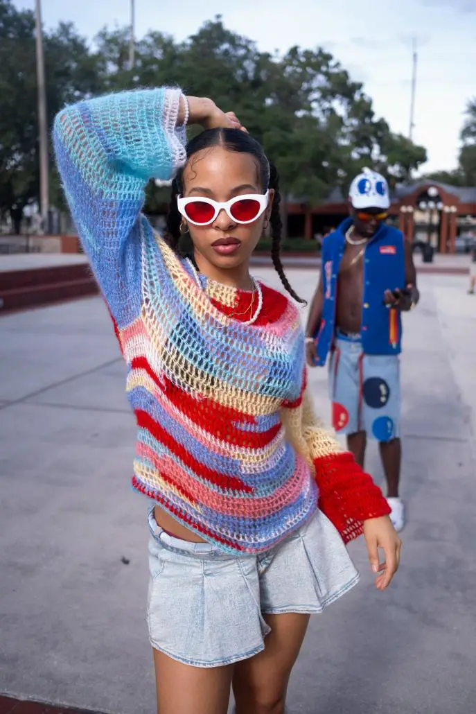 Crochet Sweater with Denim Mini Skirt Crochet Sweater with Denim Mini Skirt — Classy Y2K Outfits