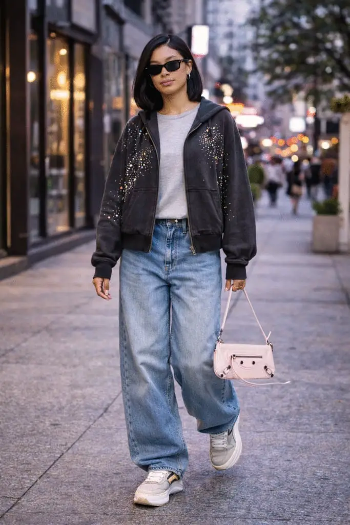 Embellished Hoodie with Wide-Leg Jeans Embellished Hoodie with Wide-Leg Jeans — Classy Y2K Outfits