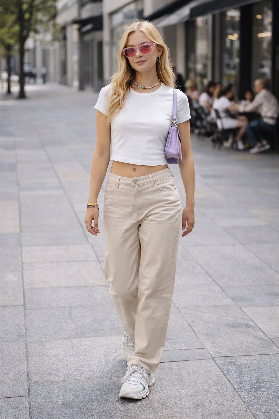Cropped T-shirt and Loose Beige Pants Cropped T-shirt and Loose Beige Pants — Classy Y2K Outfits