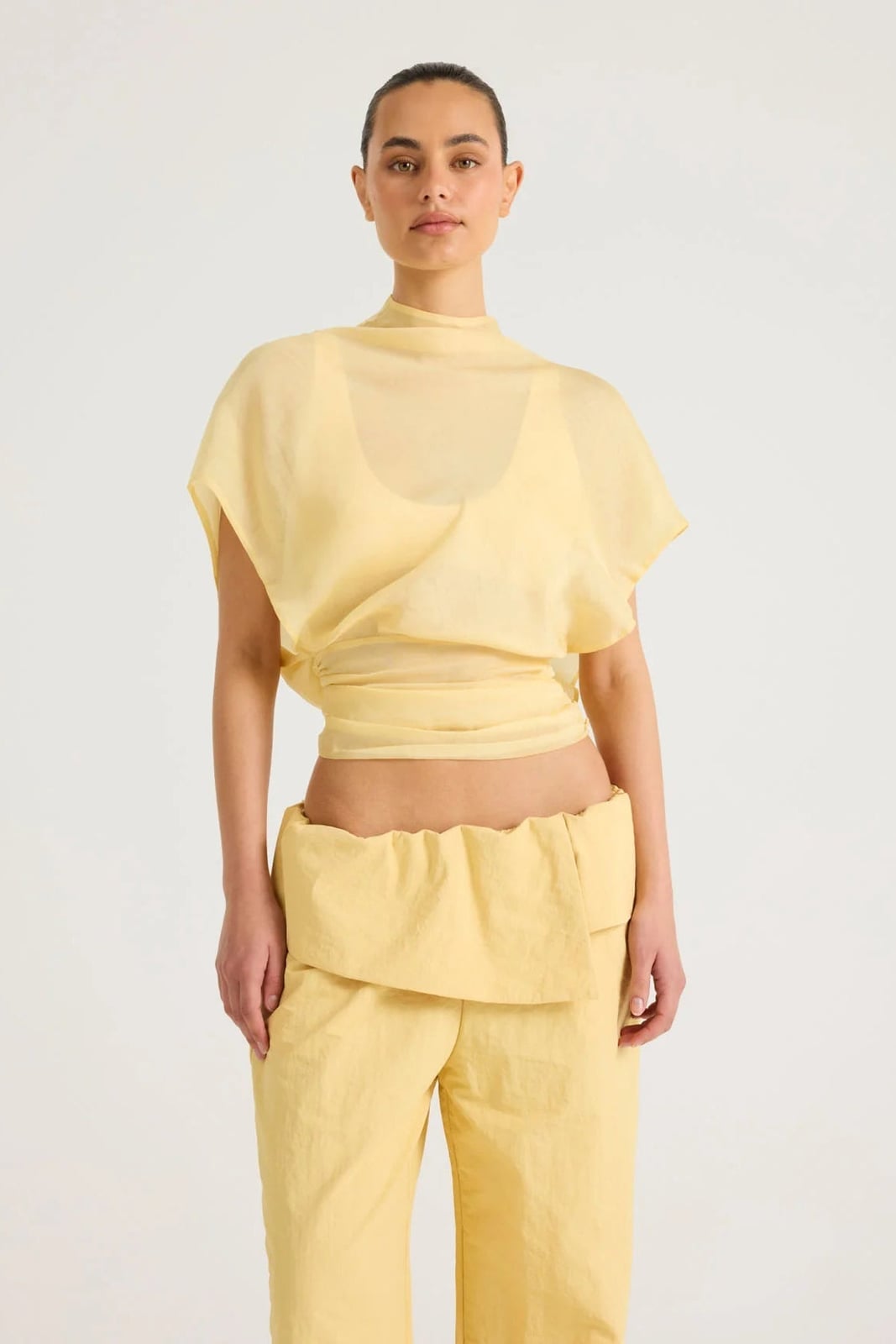 Pale Yellow Sheer Wrap Top With Asymmetrical Sleeves Pale Yellow Sheer Wrap Top With Asymmetrical Sleeves — Classy Yellow Top Outfits