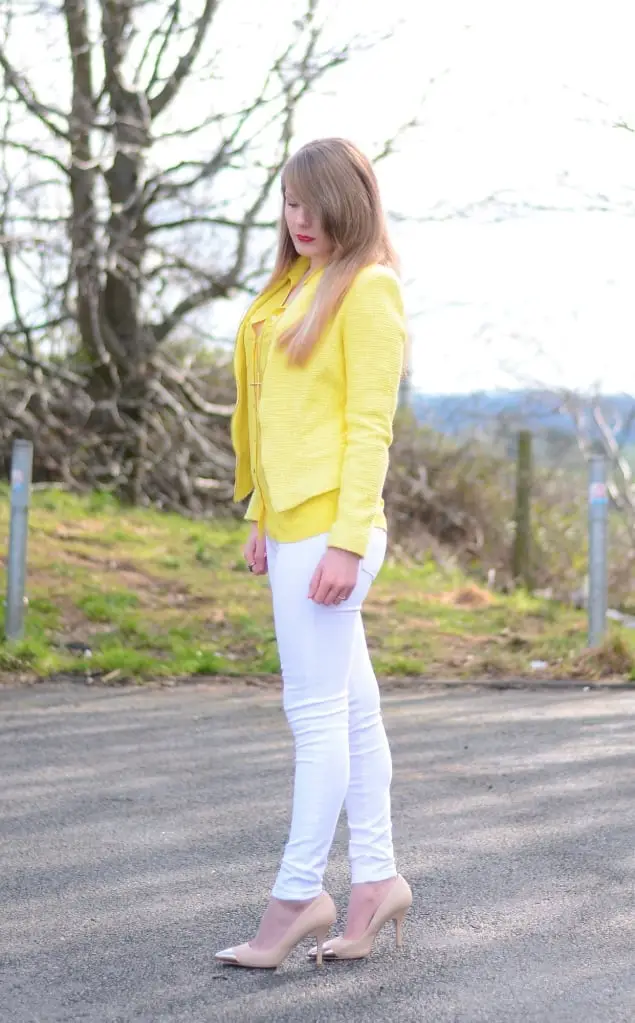 Bright Yellow Textured Jacket Over Matching Top Bright Yellow Textured Jacket Over Matching Top — Classy Yellow Top Outfits