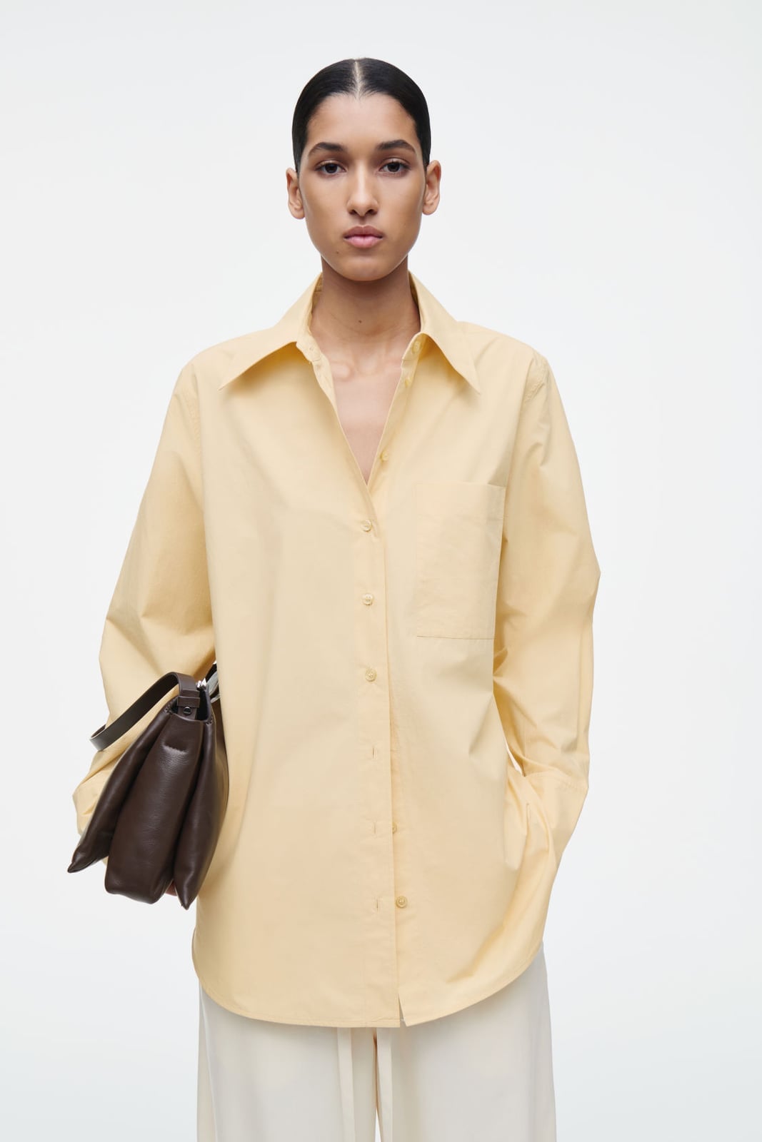 Pale Yellow Oversized Cotton Button-Down Shirt Pale Yellow Oversized Cotton Button-Down Shirt — Classy Yellow Top Outfits