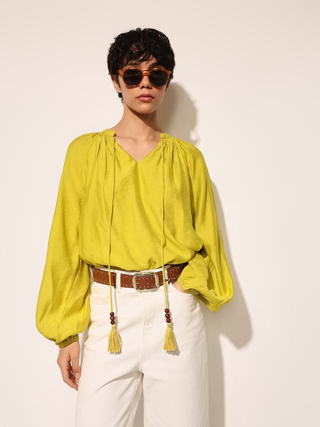 Lime Yellow V-Neck Blouse With Voluminous Sleeves Lime Yellow V-Neck Blouse With Voluminous Sleeves — Classy Yellow Top Outfits