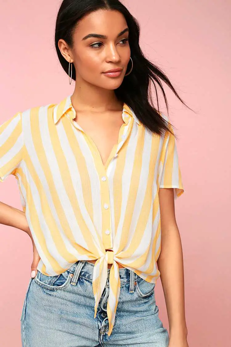 Yellow and White Striped Tie-Front Shirt Yellow and White Striped Tie-Front Shirt — Classy Yellow Top Outfits