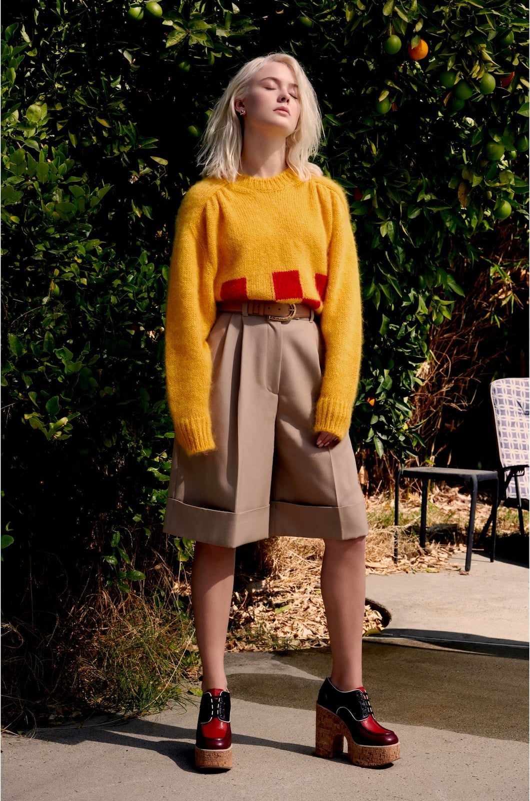 Yellow Fuzzy Knit Sweater and Bermuda Shorts Yellow Fuzzy Knit Sweater and Bermuda Shorts — Classy Zara Larsson Outfits