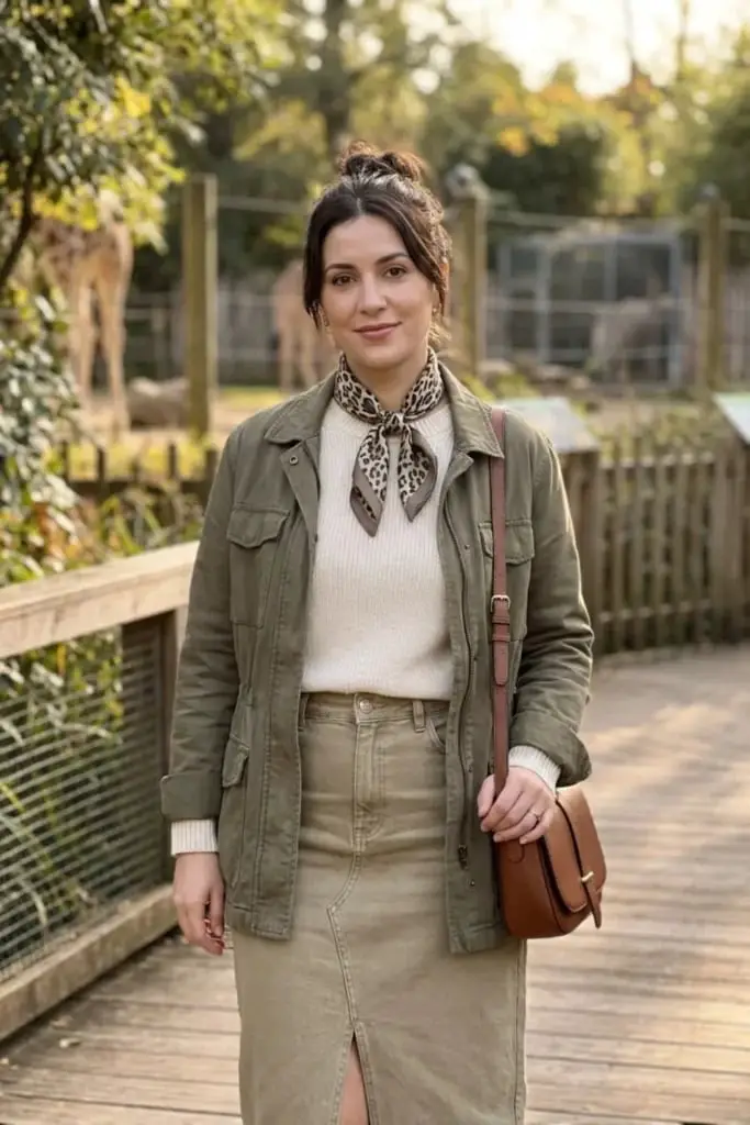 Utility Jacket Over Sweater and Midi Skirt Utility Jacket Over Sweater and Midi Skirt — Classy Zoo Outfits