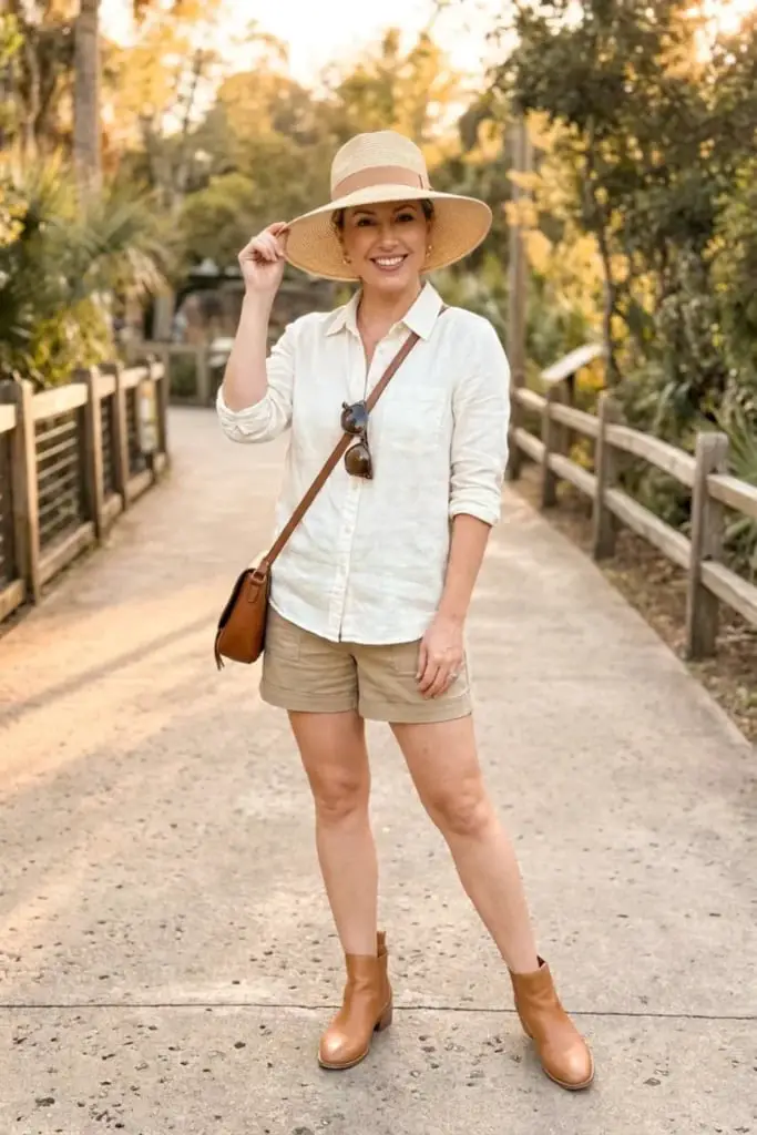 Linen Shirt with Khaki Shorts and Fedora Linen Shirt with Khaki Shorts and Fedora — Classy Zoo Outfits