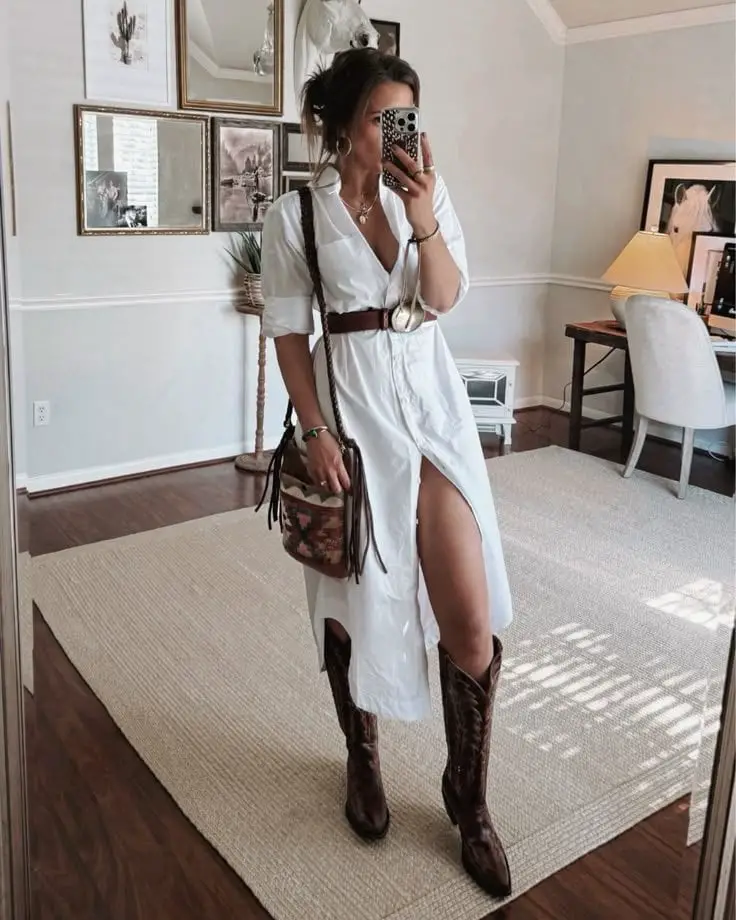White Collared Dress with Cowboy Boots White Collared Dress with Cowboy Boots — Classy Zoo Outfits