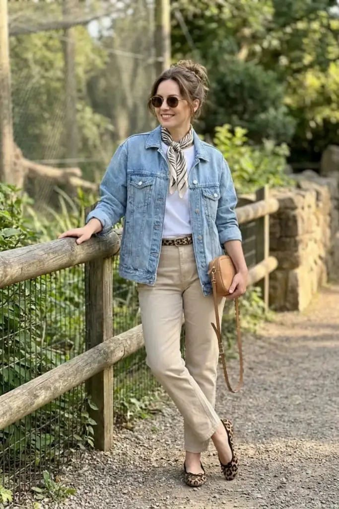 Denim Jacket Over T-Shirt with Linen Trousers Denim Jacket Over T-Shirt with Linen Trousers — Classy Zoo Outfits