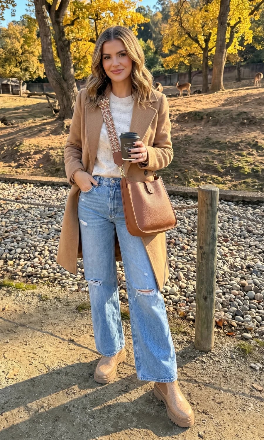 Camel Coat Over Sweater and Jeans Camel Coat Over Sweater and Jeans — Classy Zoo Outfits