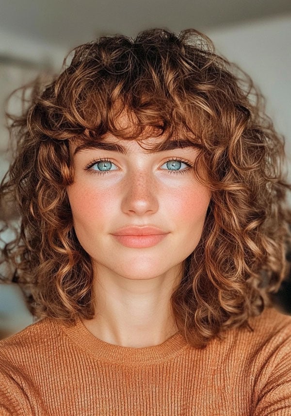 Warm Mocha Brown Curly Shag with Fringe, Beautiful Brown Hair Colour