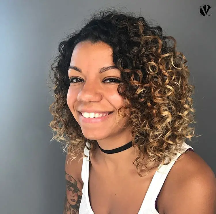 Collarbone Dark Base With Bold Blonde Balayage — Curly Hair Dye Inspiration