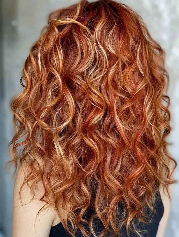 Mid-Back Copper With Blonde Balayage Highlights — Curly Hair Dye Inspiration
