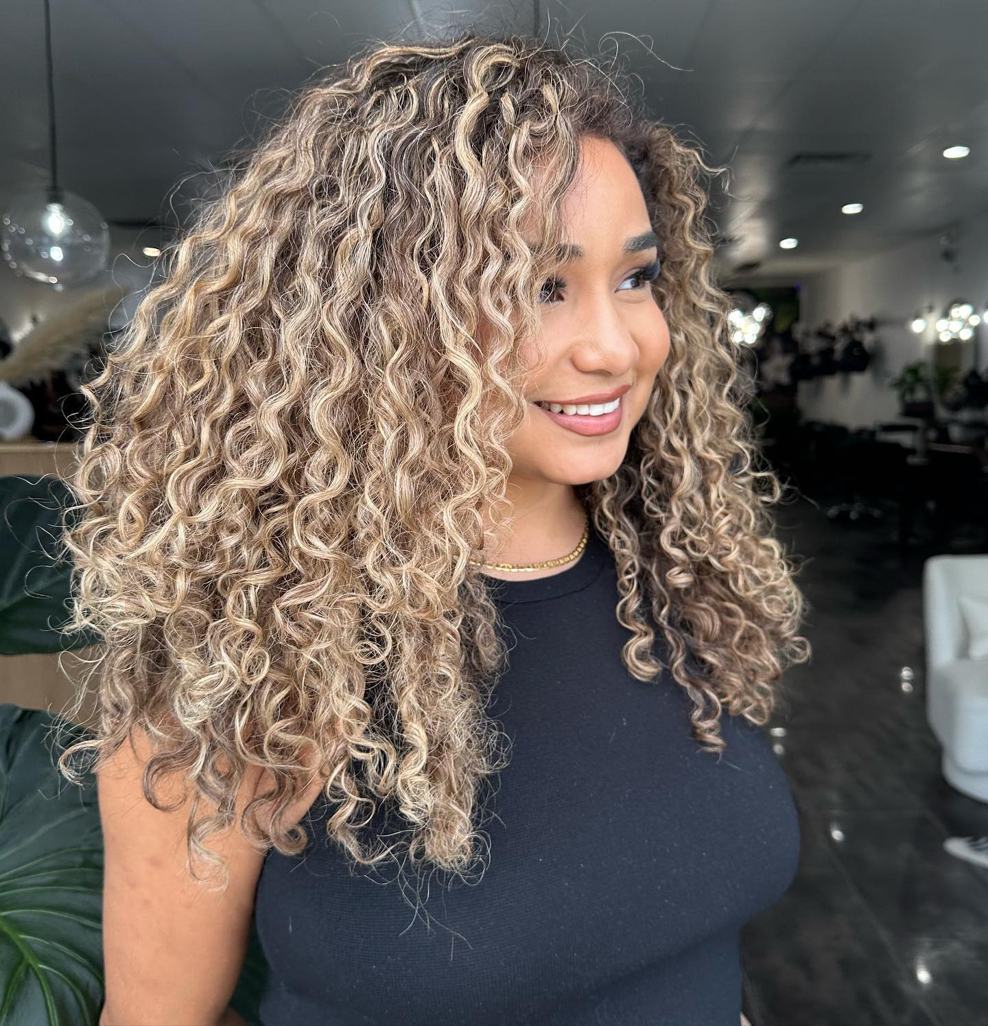 Mid-Back Dark Brown With Blonde Balayage and Air Dried — Curly Hair Dye Inspiration