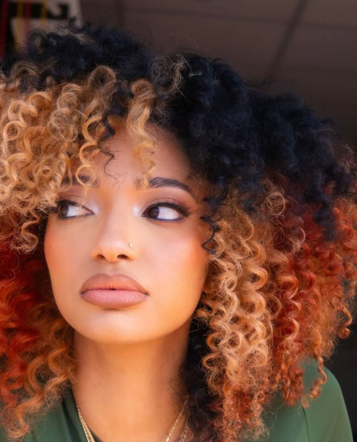Shoulder Black With Blonde Orange Red Sections — Curly Hair Dye Inspiration