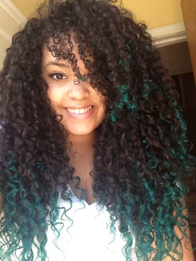 Mid-Back Dark Brown With Teal Highlights and Curtain Bangs — Curly Hair Dye Inspiration