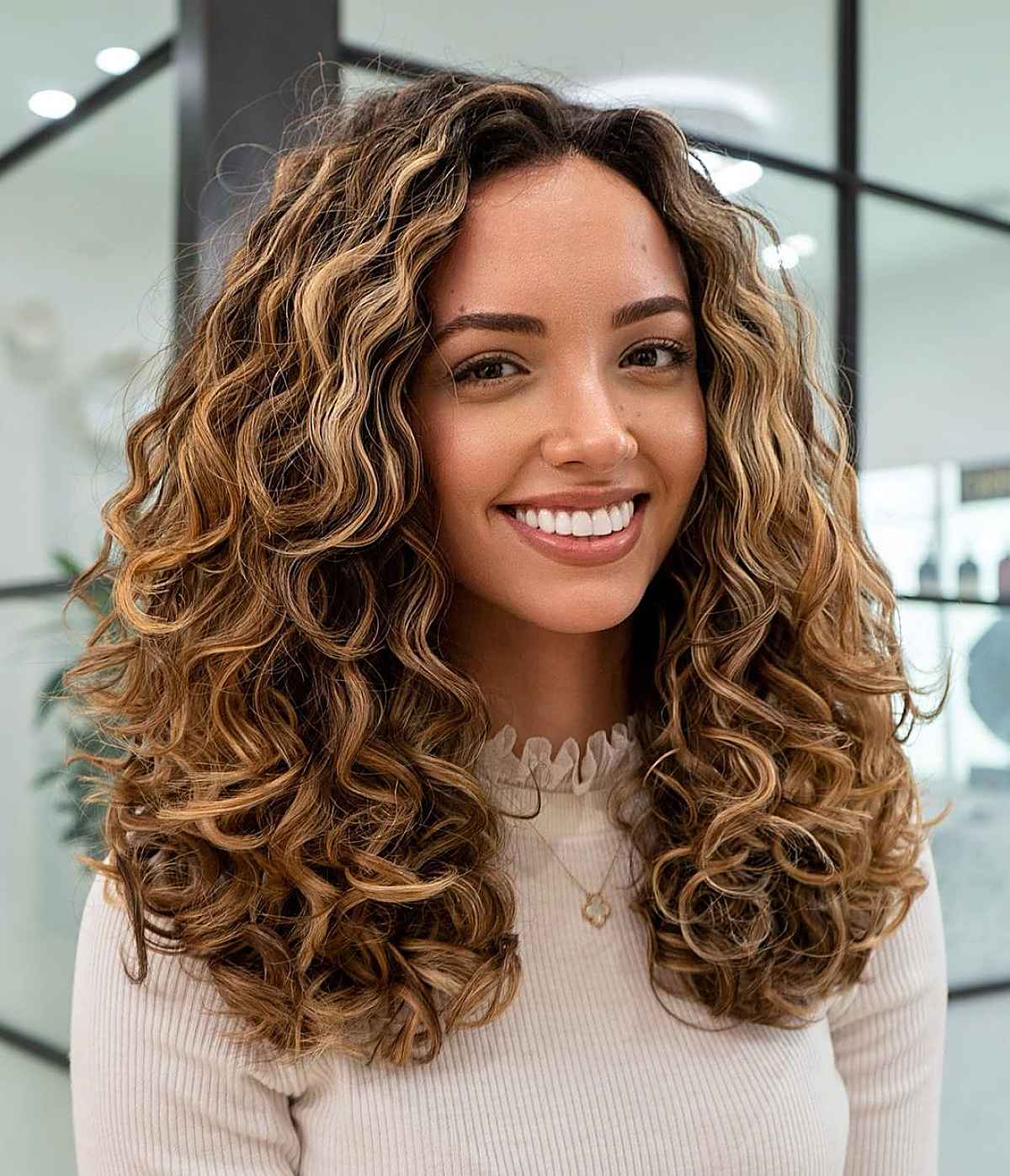 Mid-Back Dark Brown With Caramel Highlights — Curly Hair Dye Inspiration