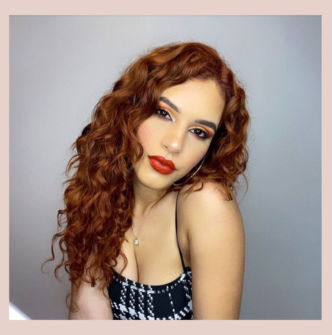 Collarbone Copper With Lighter Copper Highlights and Curtain Bangs — Curly Hair Dye Inspiration