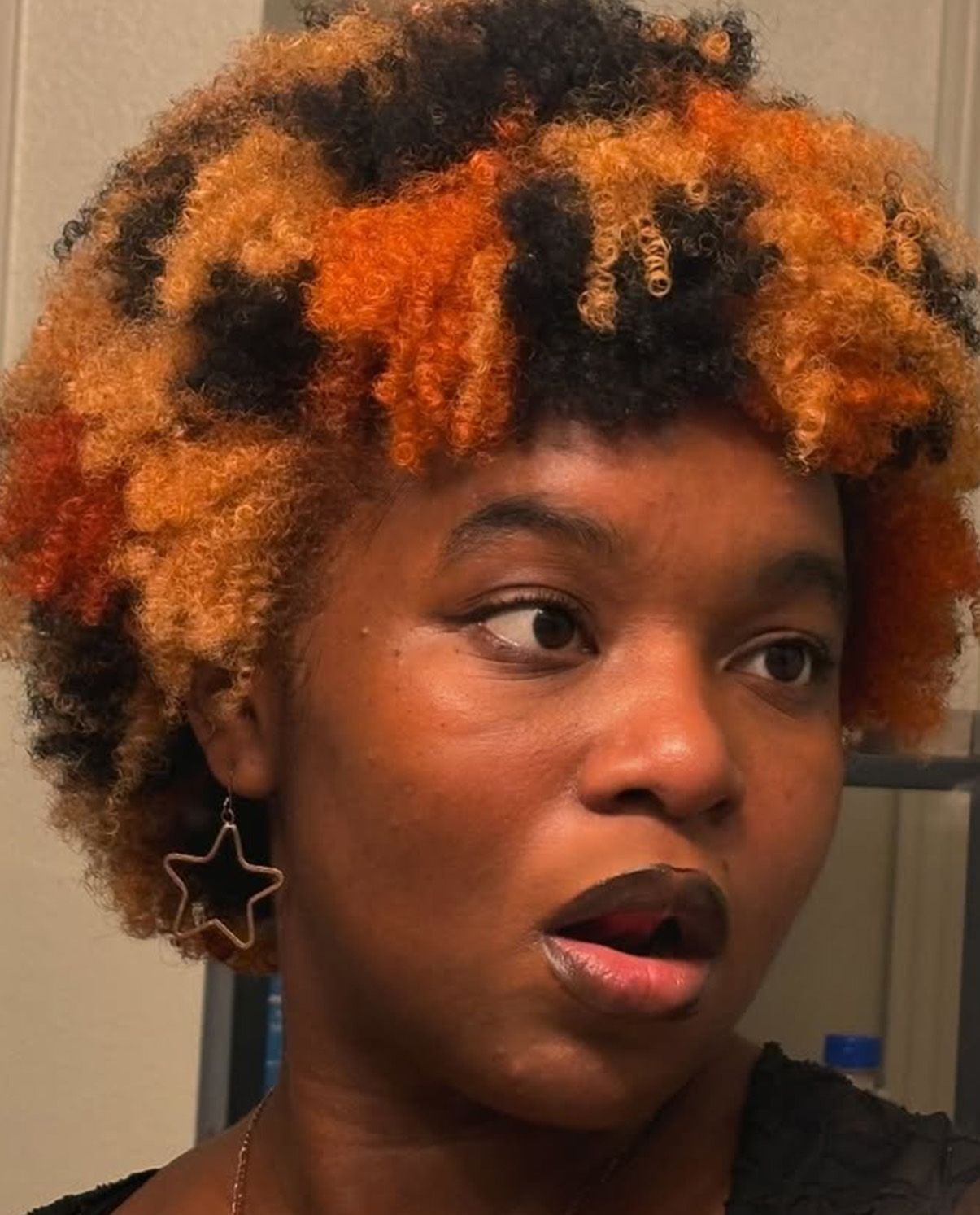 Short Black And Orange Afro With Fringe — Curly Hair Dye Inspiration