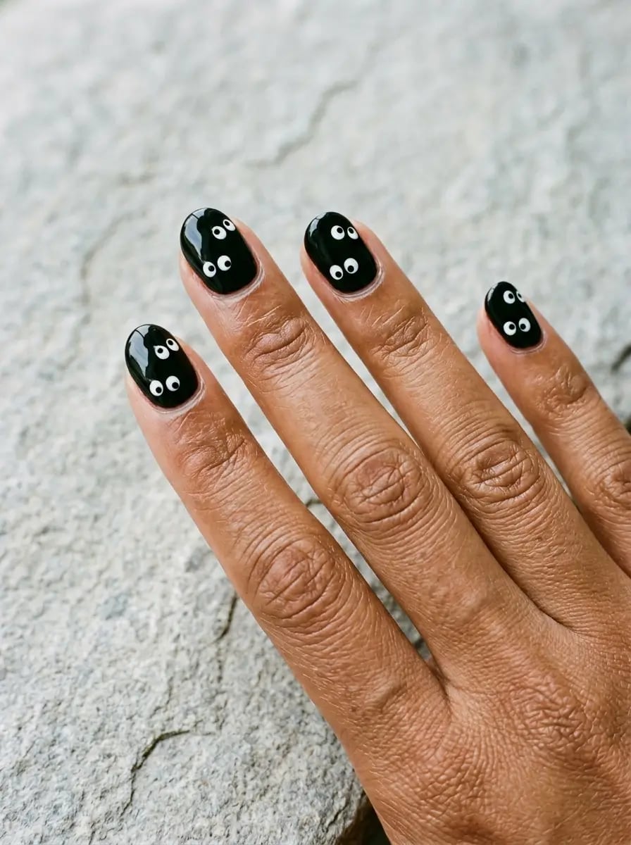 Glossy Black Oval Nails With White Eyes Glossy Black Oval Nails With White Eyes — Cute Black Nails