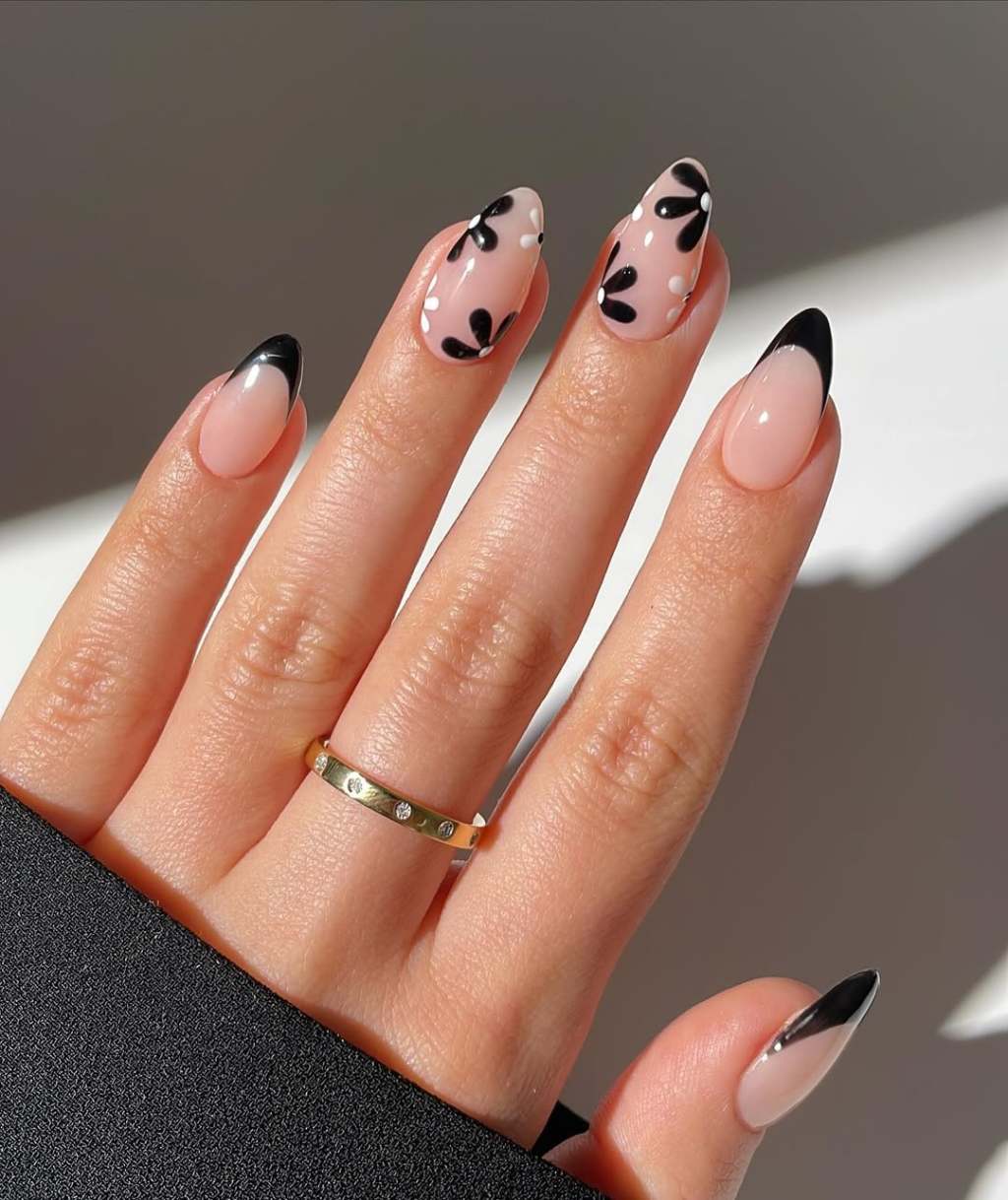 Medium Almond Nude With Black French Flowers and Dots Medium Almond Nude With Black French Flowers and Dots — Cute Black Nails