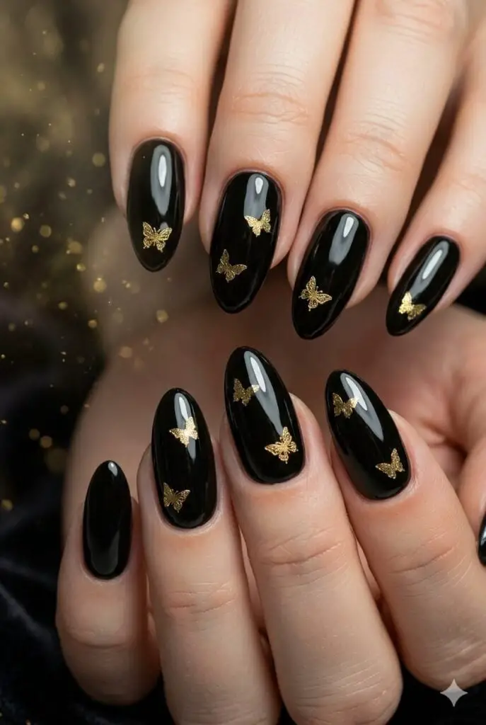 Medium Oval Glossy Black With Gold Butterflies Medium Oval Glossy Black With Gold Butterflies — Cute Black Nails