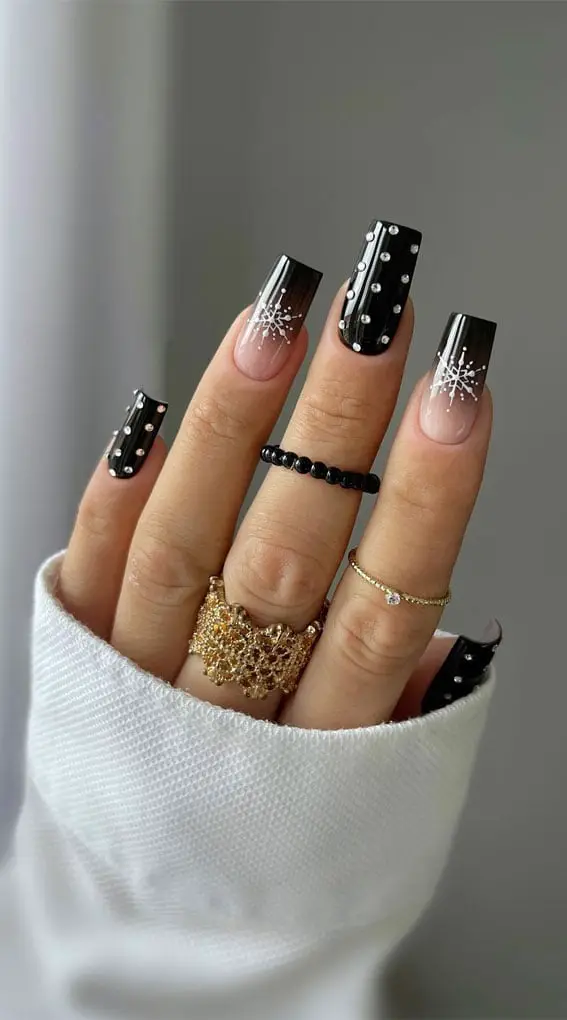 Long Square Black Ombre With Snowflakes and Rhinestones Long Square Black Ombre With Snowflakes and Rhinestones — Cute Black Nails