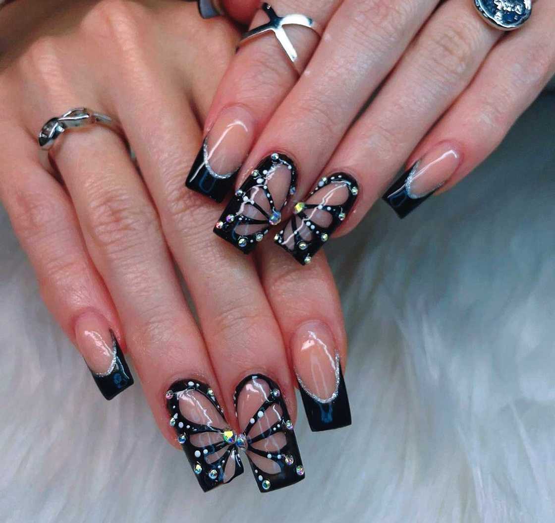 Long Coffin Black French With Butterfly Art Long Coffin Black French With Butterfly Art — Cute Black Nails