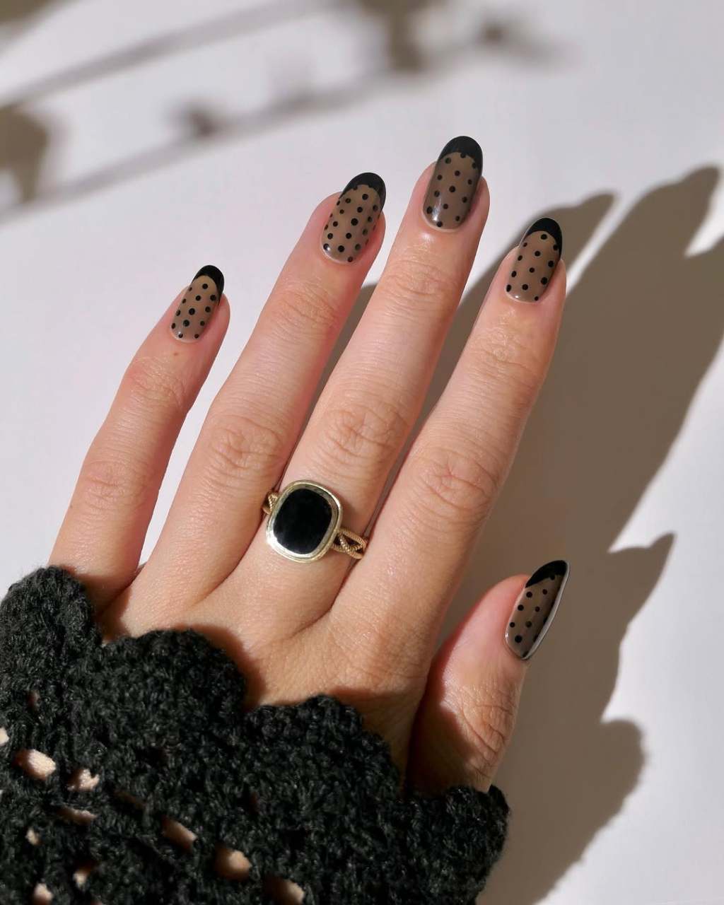 Almond French Tips With Black Polka Dots Almond French Tips With Black Polka Dots — Cute Black Nails