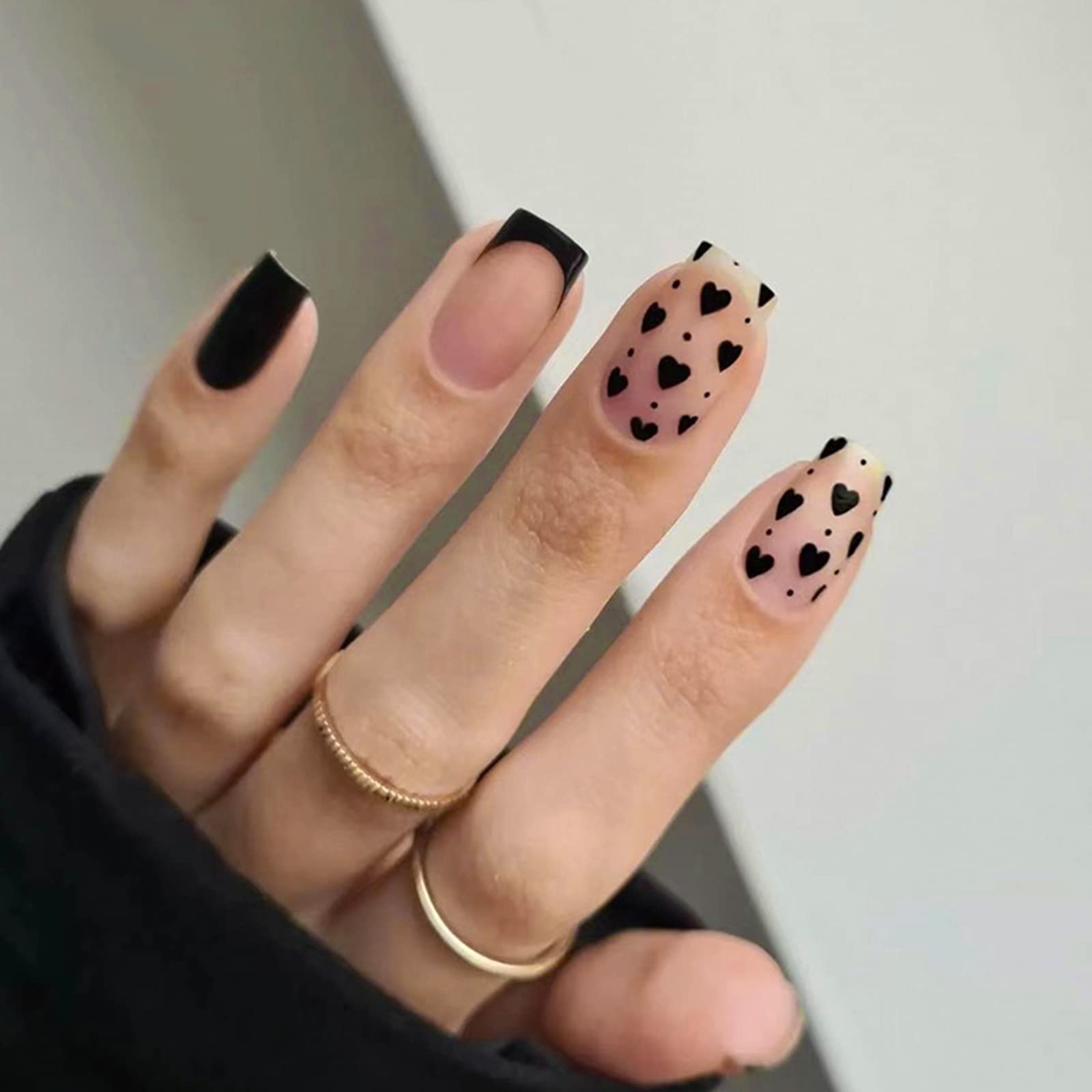 Short Square Black With Hearts and French Tips Short Square Black With Hearts and French Tips — Cute Black Nails