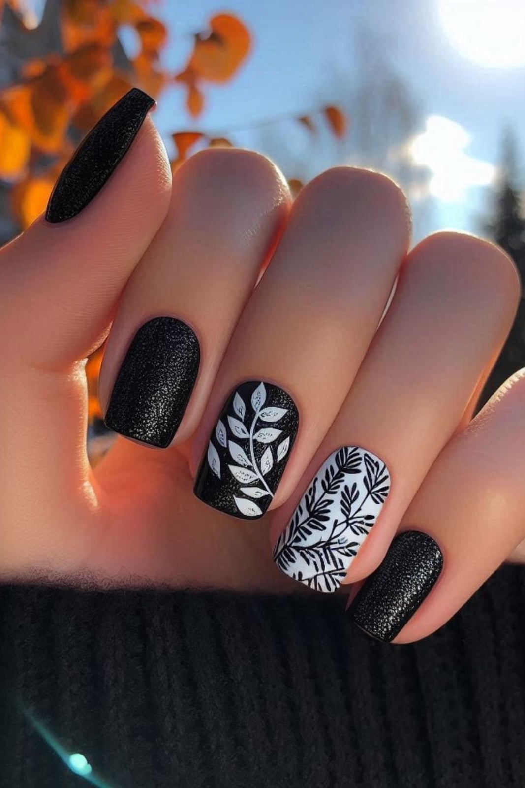 Short Square Matte Black With White Leaves Short Square Matte Black With White Leaves — Cute Black Nails