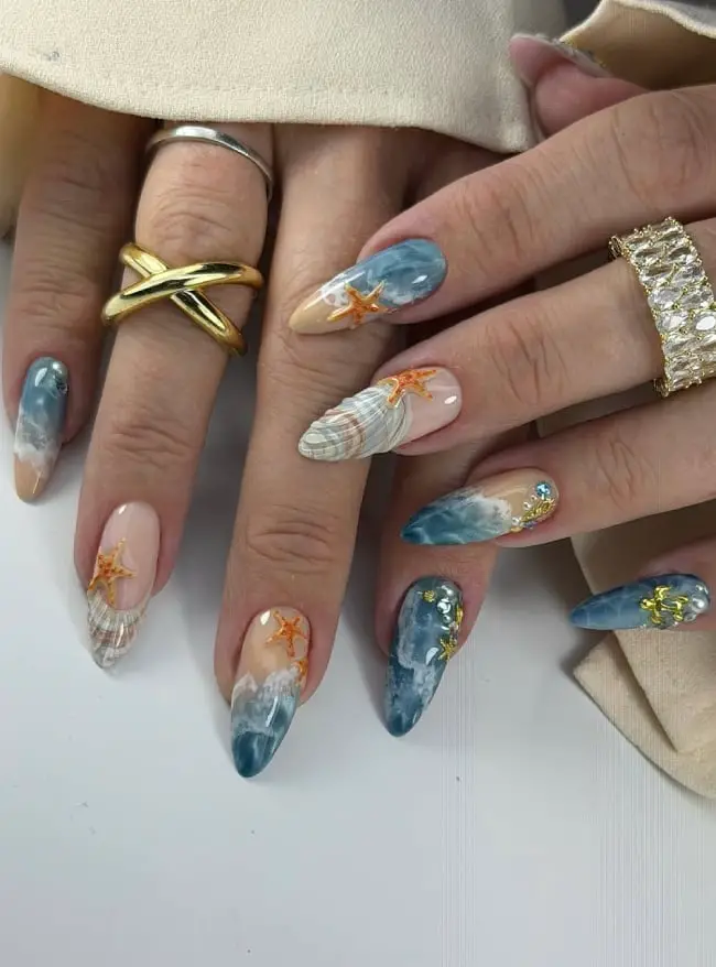 Long Ocean Theme Almond Nails with 3D Elements — Cute Blue Almond Nails