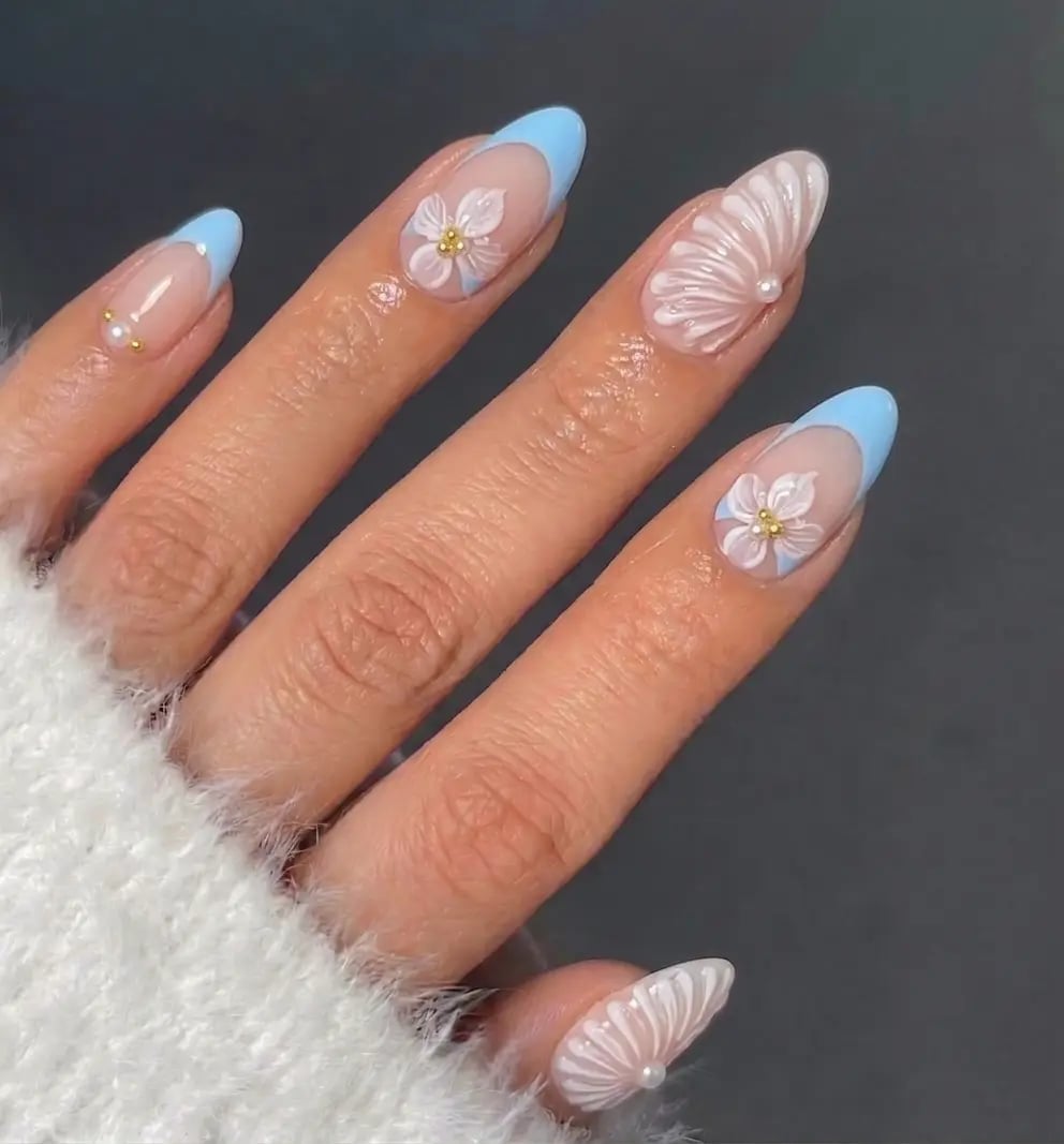 Medium-Long Almond French Tips with 3D Flowers Shell — Cute Blue Almond Nails