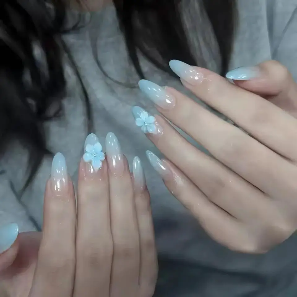 Long Almond Gradient Nails with 3D Flowers — Cute Blue Almond Nails