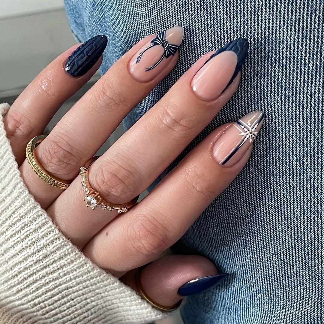 Medium Almond Teal Blue Cat-Eye with Celestial Art — Cute Blue Almond Nails