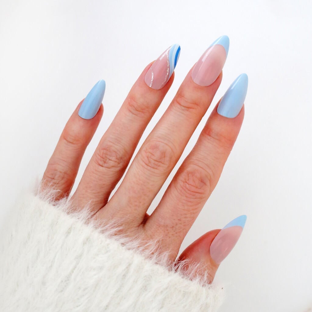 Medium Almond Light Blue Pink Floral French Tips — Cute Blue Almond Nails