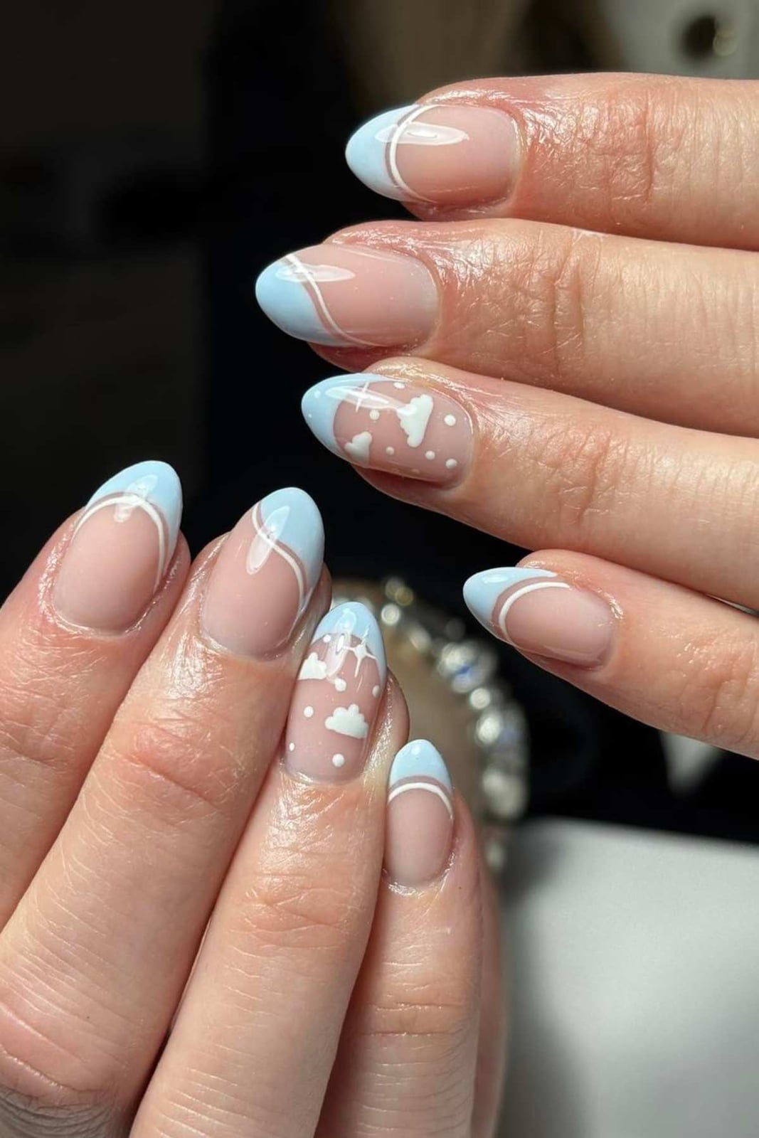 Medium Almond Nude Base Sky Blue French Cloud Nails — Cute Blue Almond Nails