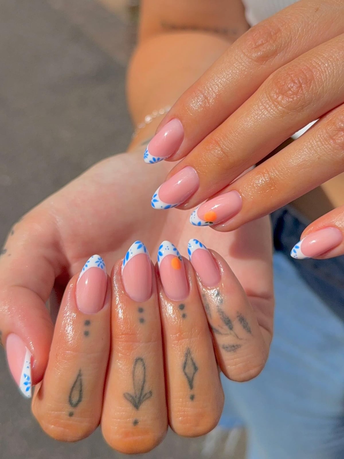 Medium Almond Floral Pattern French Tip Nails — Cute Blue Almond Nails