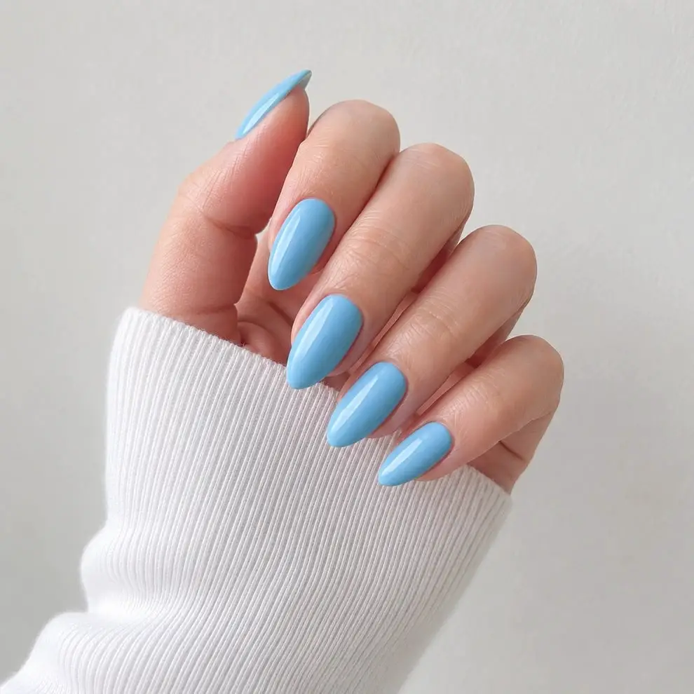 Medium Almond Nude Base Dark Blue French Bow Nails — Cute Blue Almond Nails