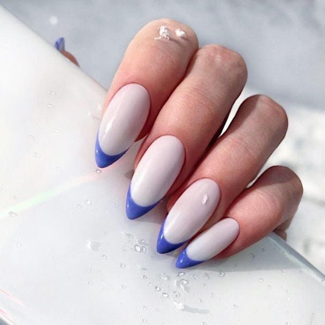 Medium Almond Sheer Pink Periwinkle Blue French Tips, Close-Up Take — Cute Blue Almond Nails
