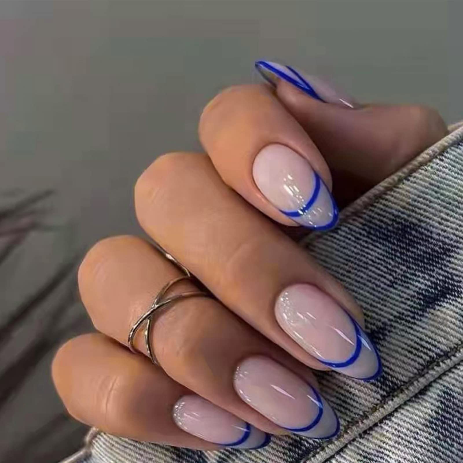 Medium Almond Nude Base Bright Blue Line French, Office-Safe Version — Cute Blue Almond Nails
