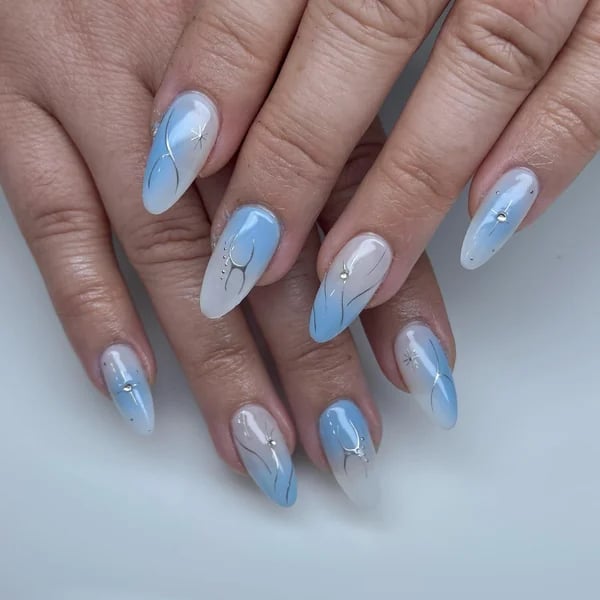 Medium Almond Nude Base Navy Blue Outline Nails — Cute Blue Almond Nails