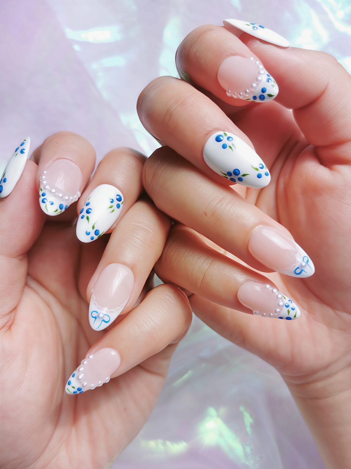 Medium Almond White to Blue Gradient Silver Lines Rhinestones — Cute Blue Almond Nails