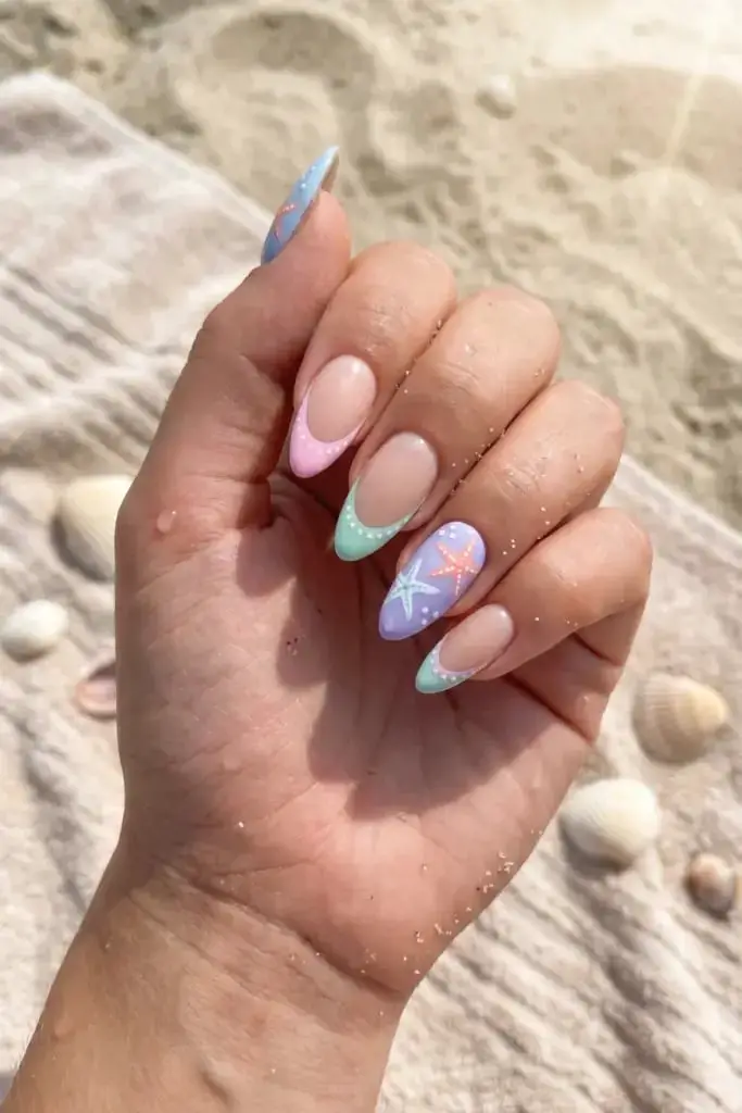 Medium Almond Blue French Daisies Pearls Nails — Cute Blue Almond Nails