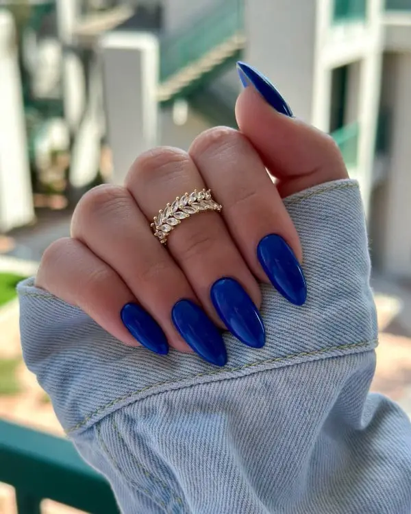Deep Sapphire Blue Glossy Almond Nails — Cute Blue Almond Nails