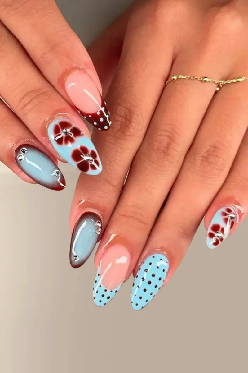 Medium Almond Pastel French Tips Starfish Nails — Cute Blue Almond Nails