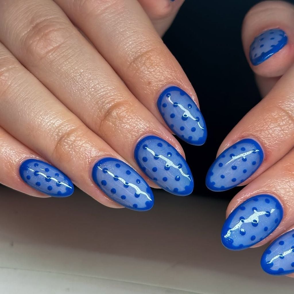 Medium Almond Blue Polka Dot Brown Flower Nails — Cute Blue Almond Nails